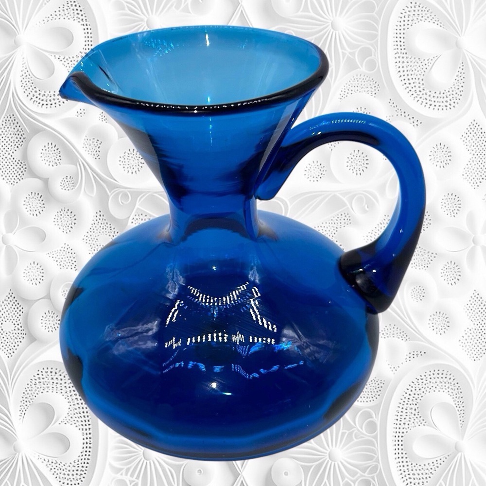 Vintage Rainbow Art Glass Co 1950s Hand Blown Pitcher Vase Optic Blue MCM 5.5" - Picture 2 of 9